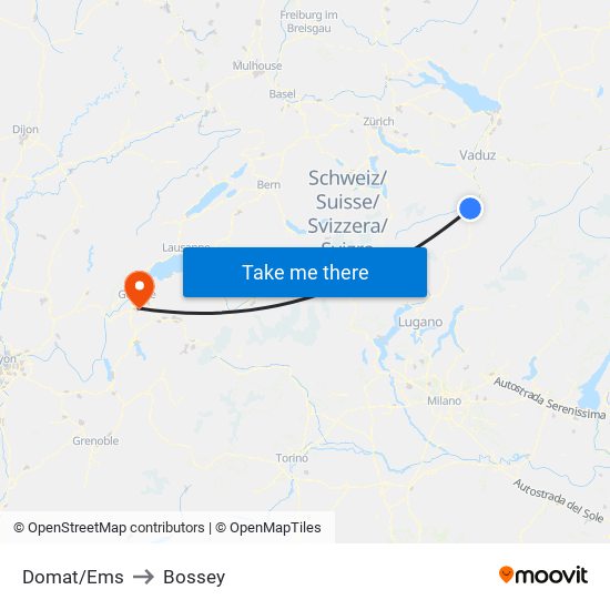 Domat/Ems to Bossey map