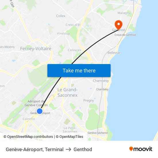 Genève-Aéroport, Terminal to Genthod map