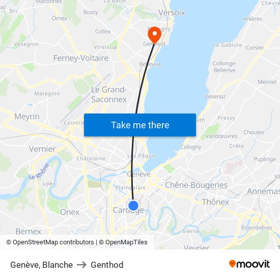 Genève, Blanche to Genthod map