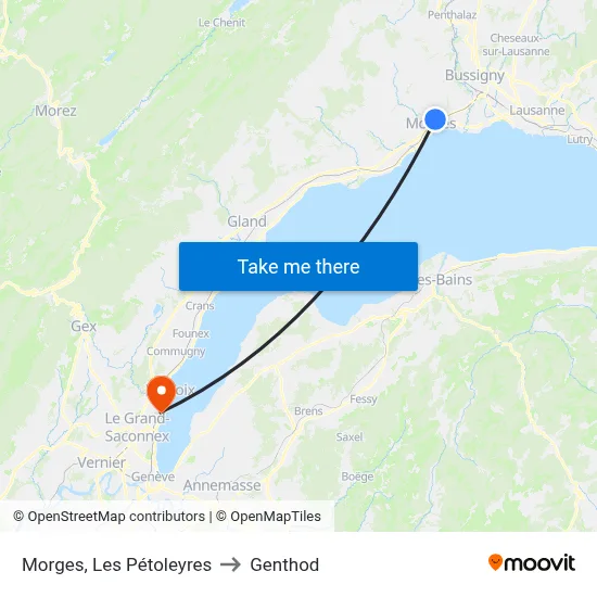 Morges, Les Pétoleyres to Genthod map
