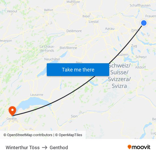 Winterthur Töss to Genthod map