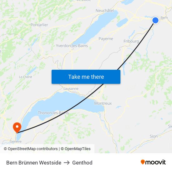 Bern Brünnen Westside to Genthod map