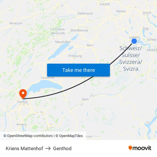 Kriens Mattenhof to Genthod map