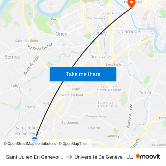 Saint-Julien-En-Genevois, Gare to Université De Genève - Uni Mail map