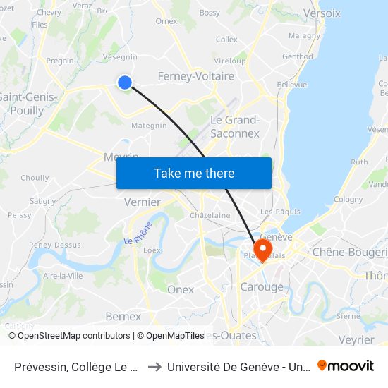 Prévessin, Collège Le Joran to Université De Genève - Uni Mail map