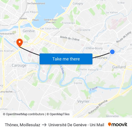 Thônex, Moillesulaz to Université De Genève - Uni Mail map