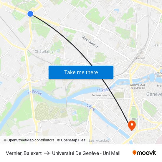 Vernier, Balexert to Université De Genève - Uni Mail map