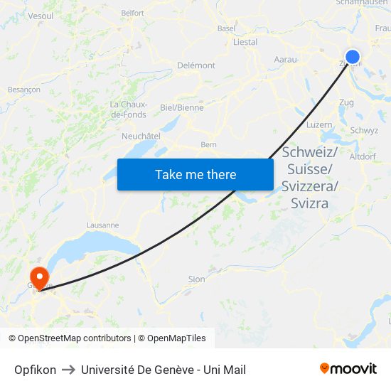 Opfikon to Université De Genève - Uni Mail map