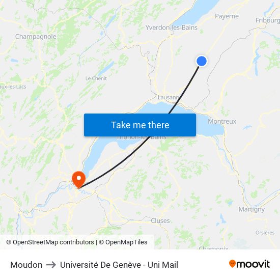 Moudon to Université De Genève - Uni Mail map