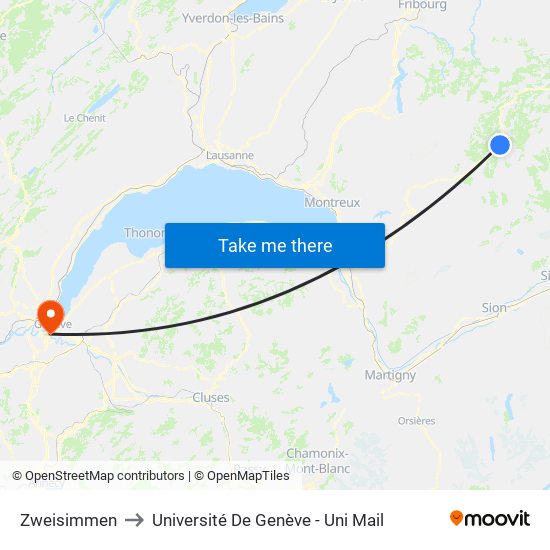 Zweisimmen to Université De Genève - Uni Mail map