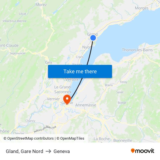 Gland, Gare Nord to Geneva map