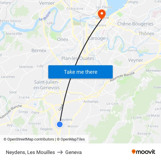 Neydens, Les Mouilles to Geneva map