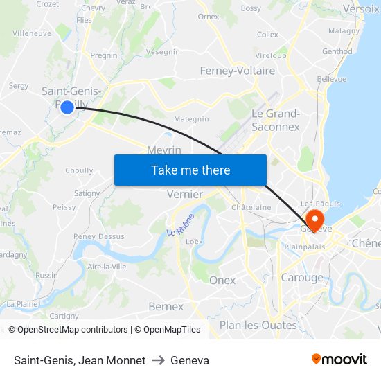Saint-Genis, Jean Monnet to Geneva map