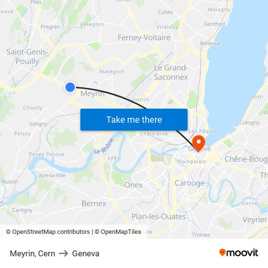 Meyrin, Cern to Geneva map