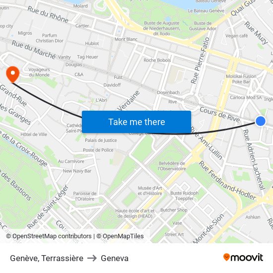 Genève, Terrassière to Geneva map