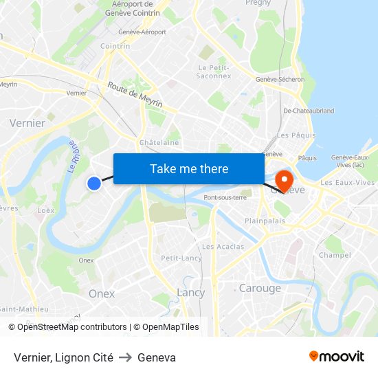 Vernier, Lignon Cité to Geneva map