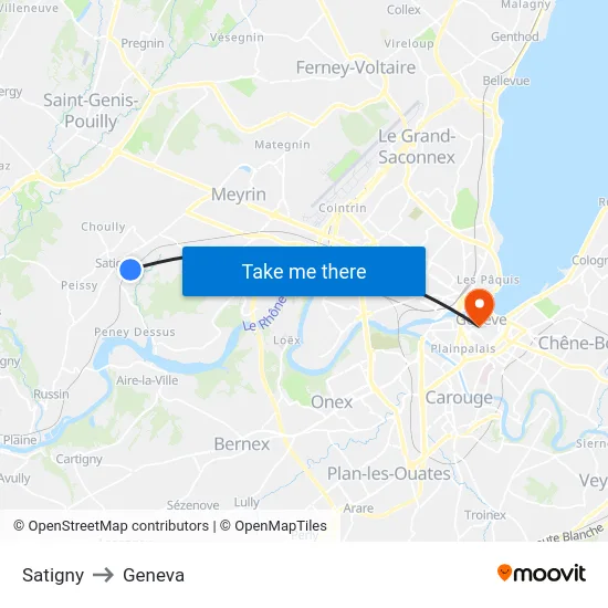 Satigny to Geneva map