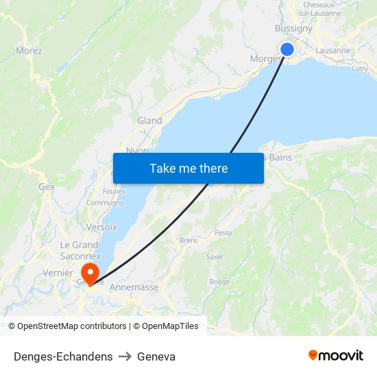 Denges-Echandens to Geneva map