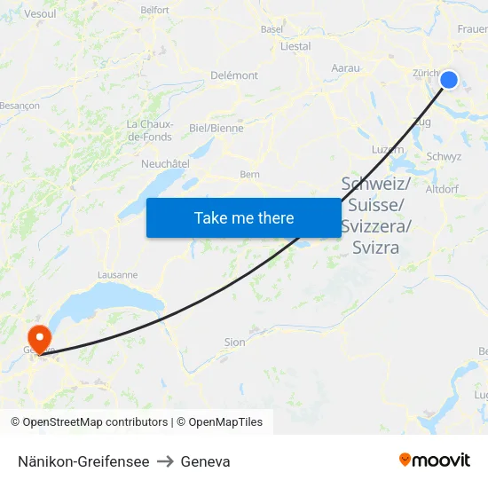 Nänikon-Greifensee to Geneva map