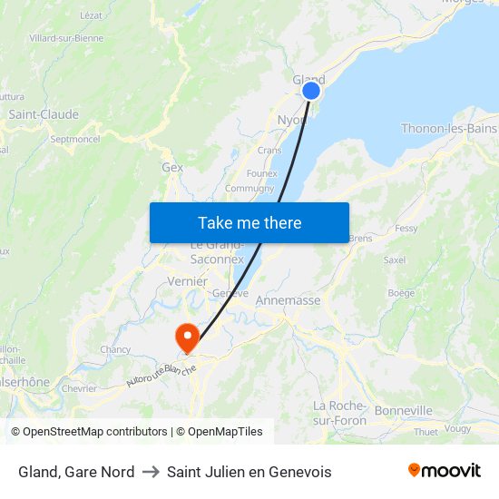 Gland, Gare Nord to Saint Julien en Genevois map