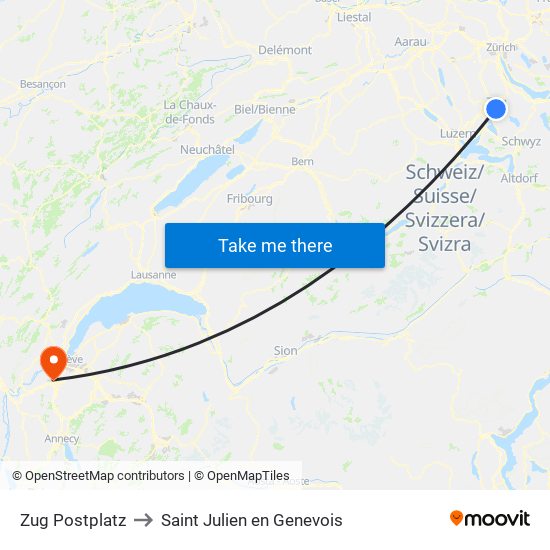 Zug Postplatz to Saint Julien en Genevois map