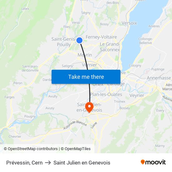 Prévessin, Cern to Saint Julien en Genevois map
