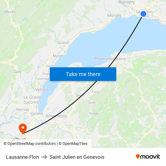 Lausanne-Flon to Saint Julien en Genevois map