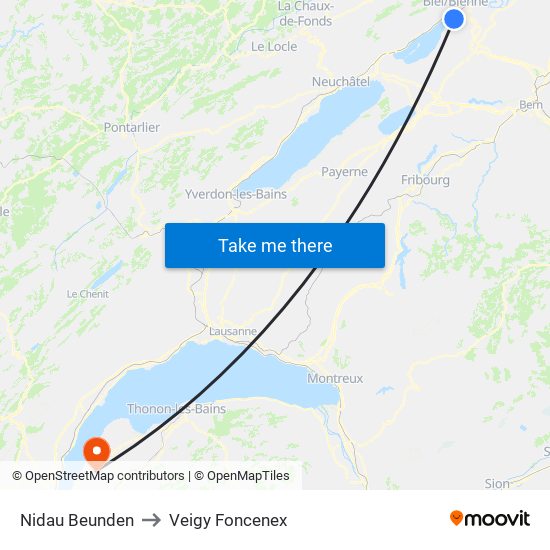 Nidau Beunden to Veigy Foncenex map