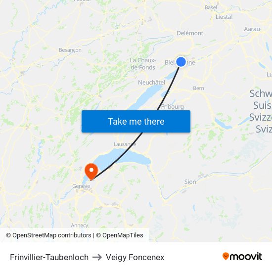 Frinvillier-Taubenloch to Veigy Foncenex map