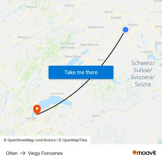 Olten to Veigy Foncenex map