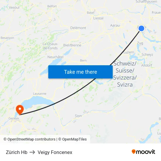 Zürich Hb to Veigy Foncenex map
