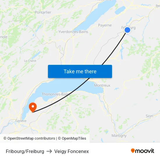 Fribourg/Freiburg to Veigy Foncenex map