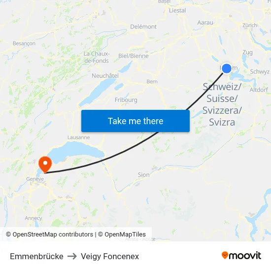 Emmenbrücke to Veigy Foncenex map