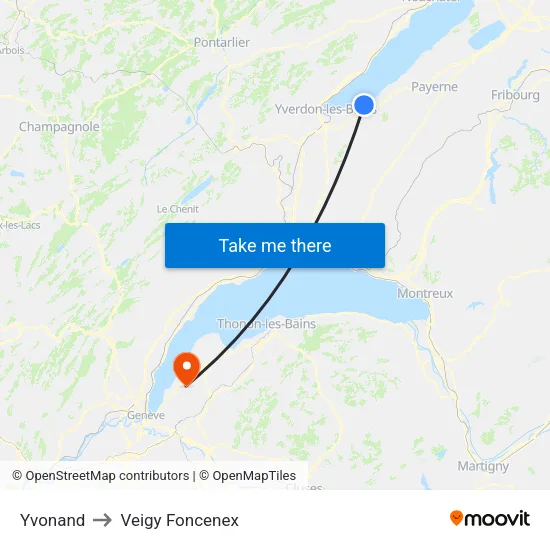 Yvonand to Veigy Foncenex map