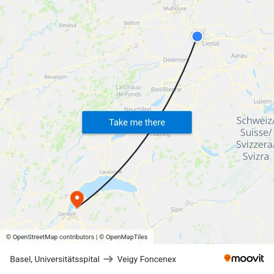 Basel, Universitätsspital to Veigy Foncenex map