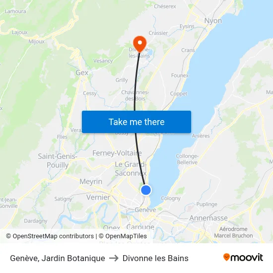 Genève, Jardin Botanique to Divonne les Bains map