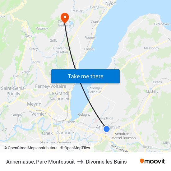 Annemasse, Parc Montessuit to Divonne les Bains map
