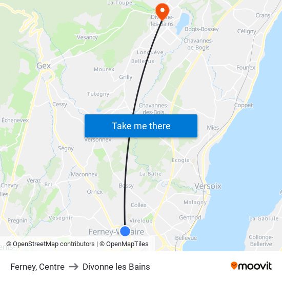 Ferney, Centre to Divonne les Bains map