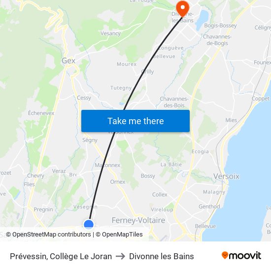 Prévessin, Collège Le Joran to Divonne les Bains map