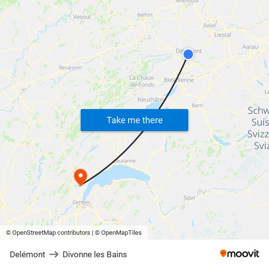 Delémont to Divonne les Bains map