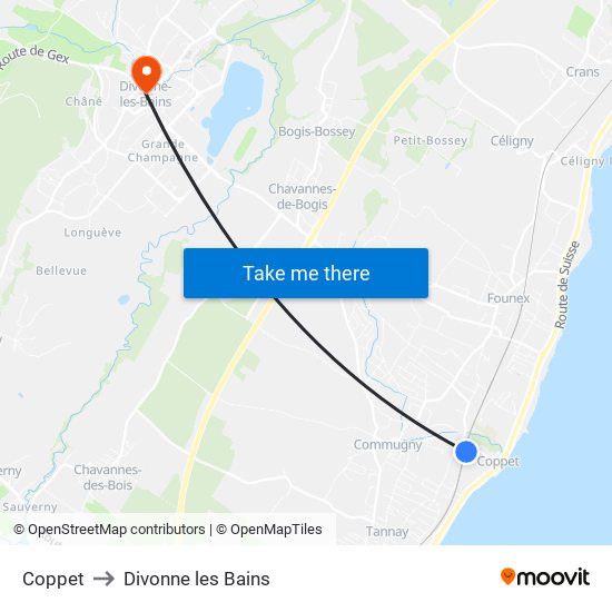Coppet to Divonne les Bains map