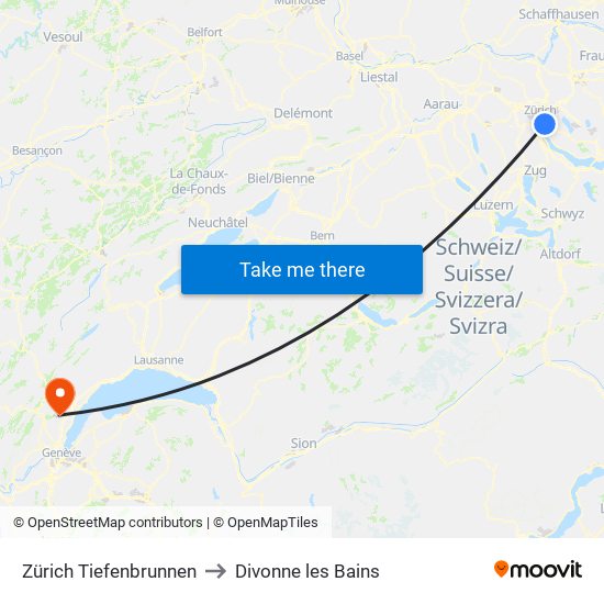 Zürich Tiefenbrunnen to Divonne les Bains map
