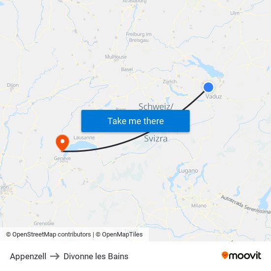Appenzell to Divonne les Bains map