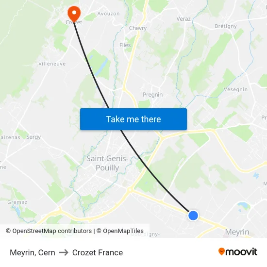Meyrin, Cern to Crozet France map