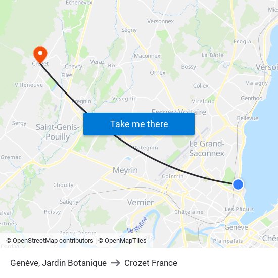 Genève, Jardin Botanique to Crozet France map