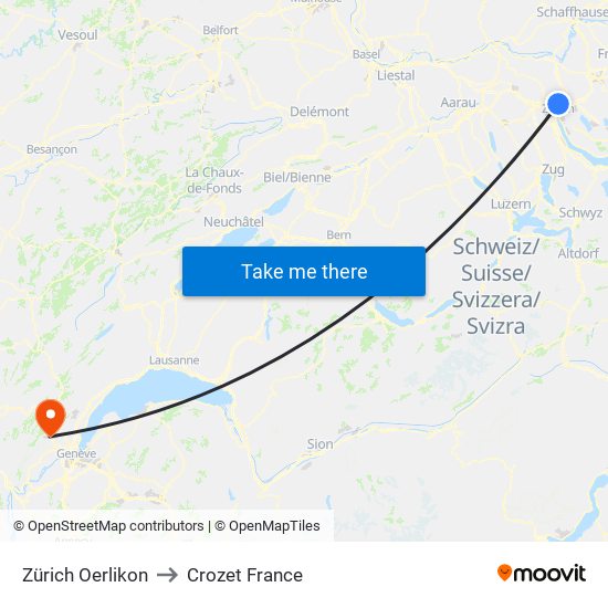 Zürich Oerlikon to Crozet France map