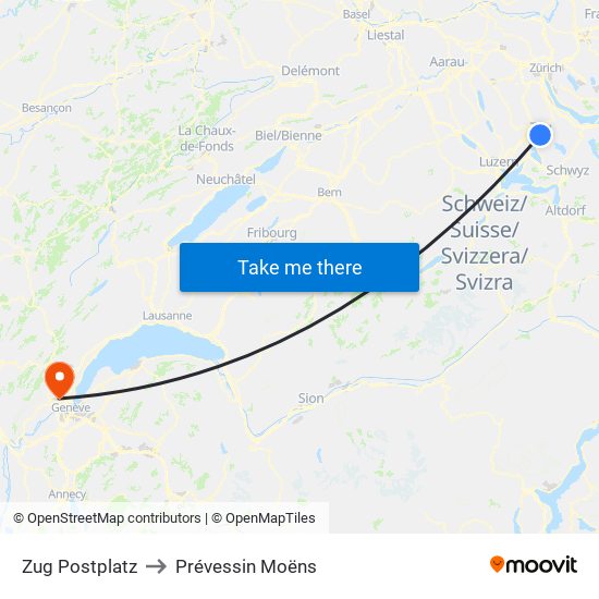 Zug Postplatz to Prévessin Moëns map