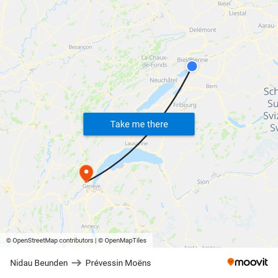 Nidau Beunden to Prévessin Moëns map