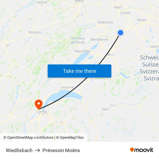 Wiedlisbach to Prévessin Moëns map