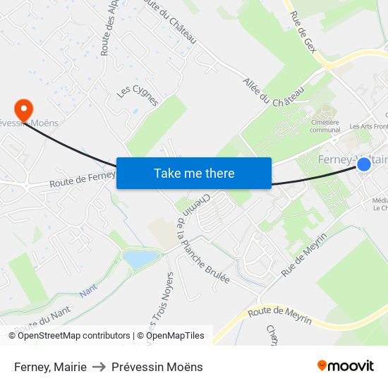 Ferney, Mairie to Prévessin Moëns map